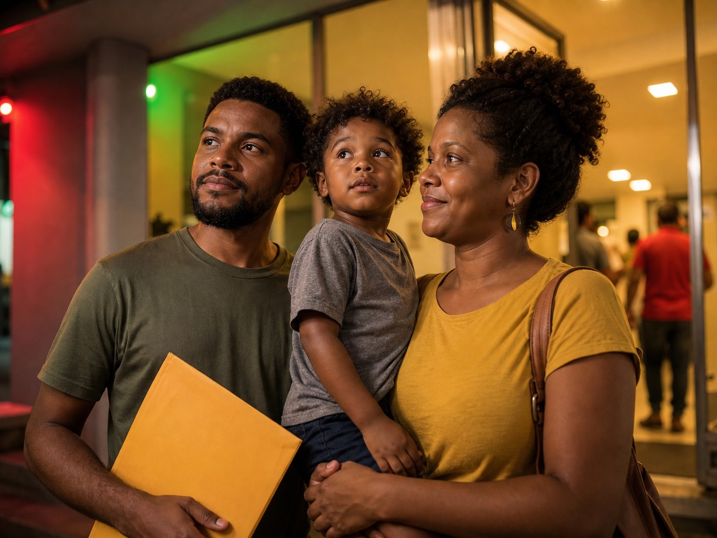Família brasileira em um espaço de atendimento público, com uma pasta amarela