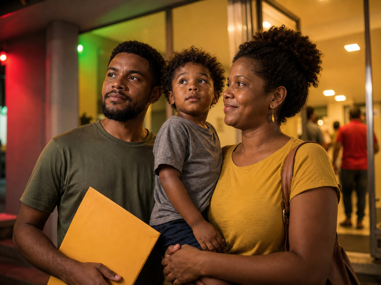 Família brasileira em um espaço de atendimento público, com uma pasta amarela