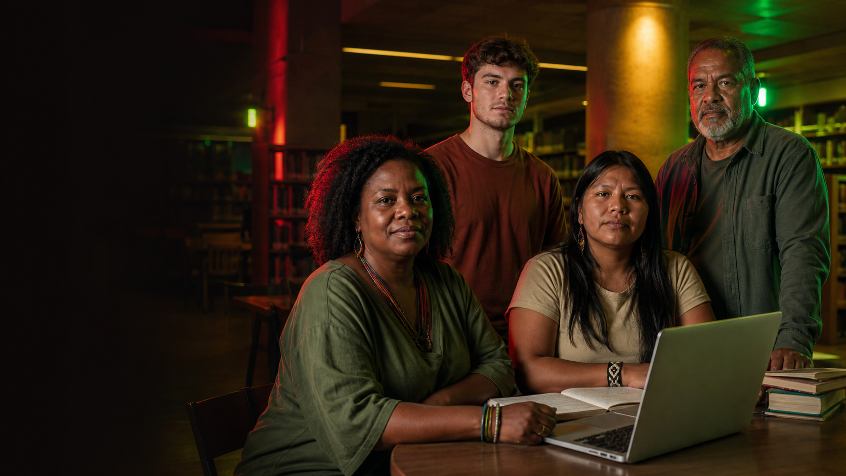 Quatro brasileiros de diferentes idades e origens reunidos em uma biblioteca comunitária, iluminados por vermelho, verde e amarelo
