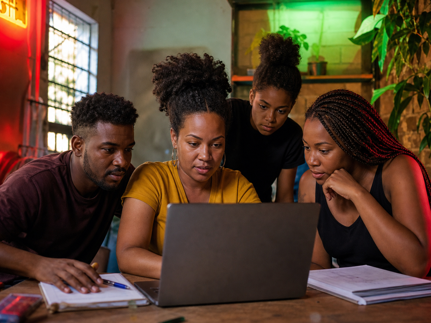 Pessoas brasileiras reunidas em torno de um laptop em um espaço comunitário